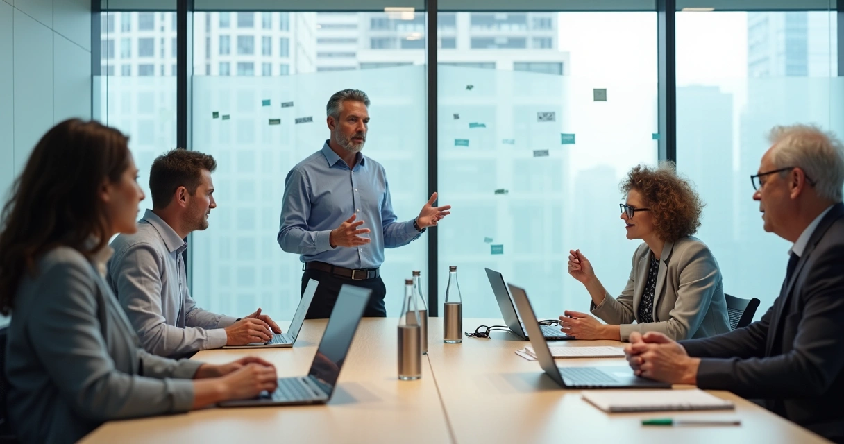 Líder conduzindo reunião com equipe multigeracional em escritório moderno 