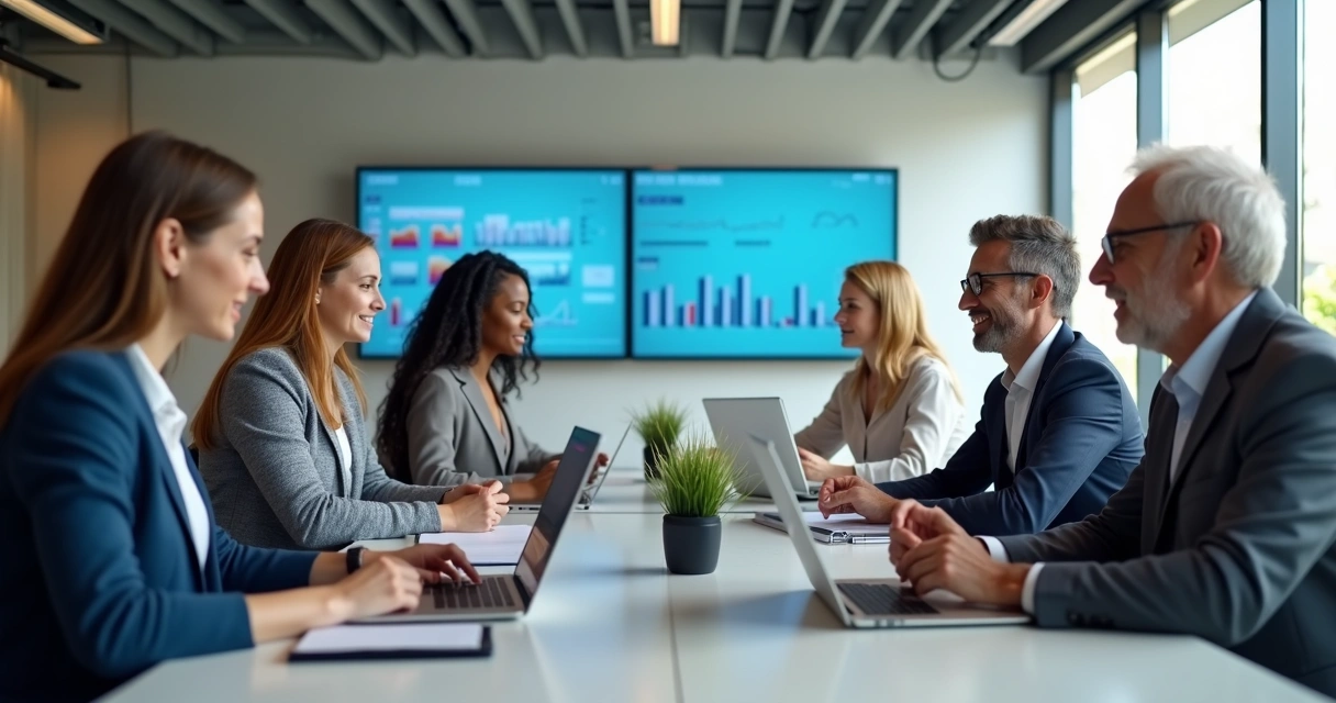 Equipe multigeracional em mesa de reunião corporativa 