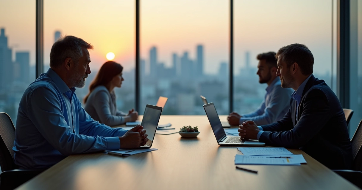 Líder em reunião corporativa com expressão contida e equipe mostrando tensão silenciosa 