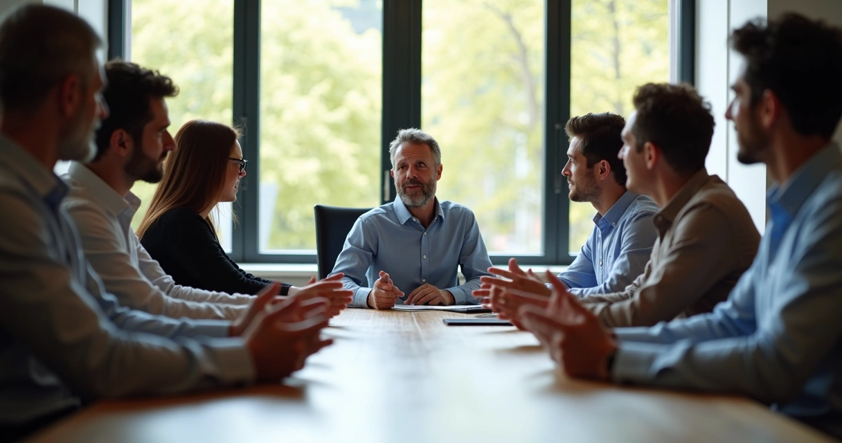 Grupo em reunião de trabalho, homem pensativo observando a equipe 