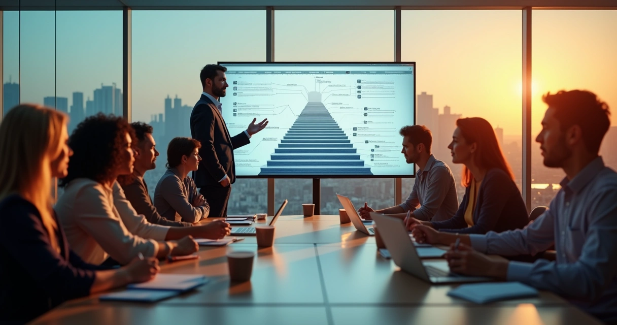 Líder em sala de reunião guiando equipe com sete degraus iluminados ao fundo 