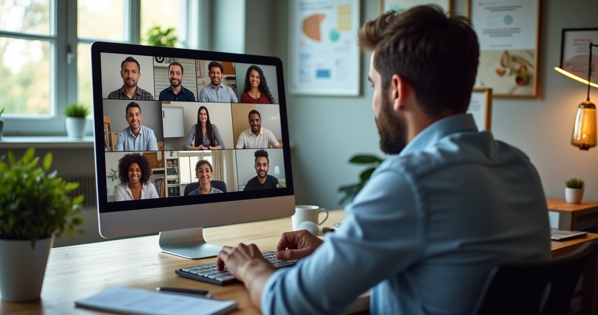Pessoa assistindo aula online de liderança, tela mostra gráficos e participantes virtuais 