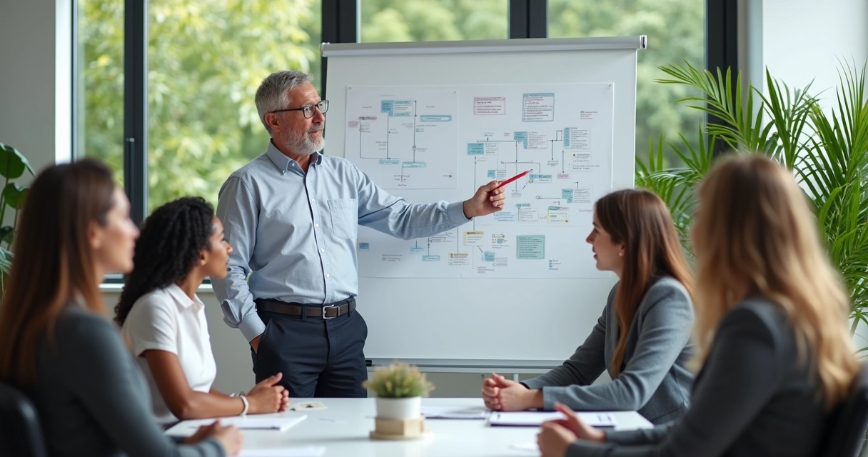 Líder organizacional orientando equipe em reunião 
