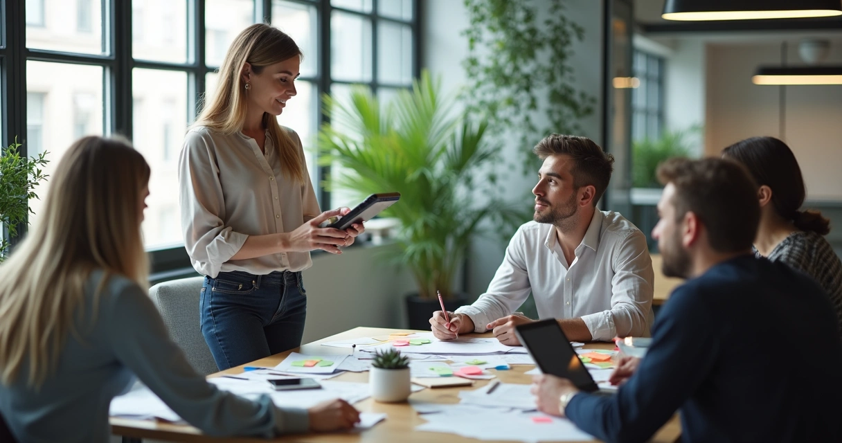 Líder orienta equipe durante uma tarefa no escritório