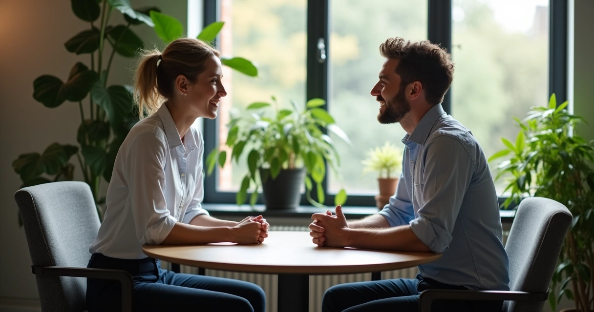 Líder conversando individualmente com colaborador em ambiente informal de escritório, ouvindo atentamente