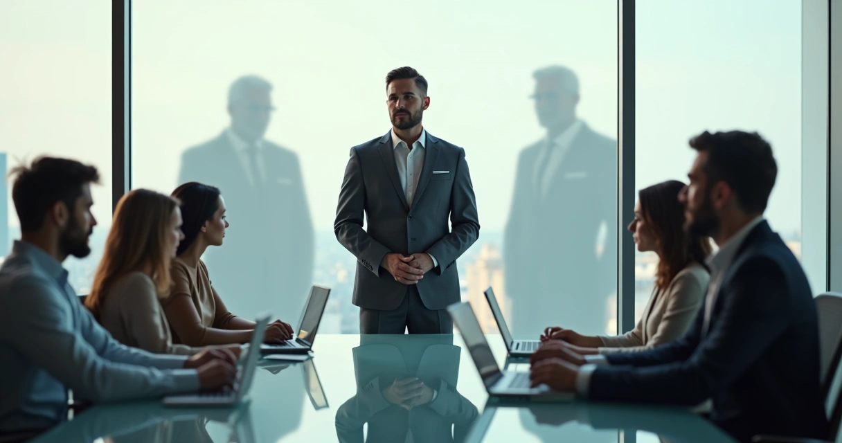 Líder em reunião com silhuetas sombreadas atrás simbolizando padrões emocionais herdados 