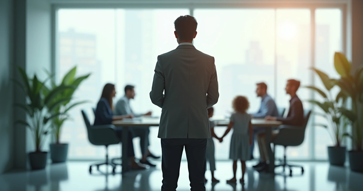 Líder observando equipe com sombras que lembram uma família ao fundo 