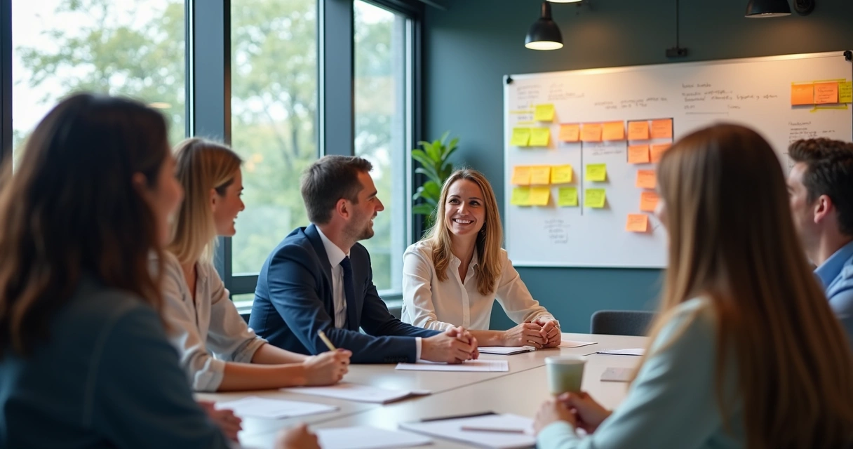 Lideranças e RH interagindo ativamente em dinâmica de treinamento empresarial. 