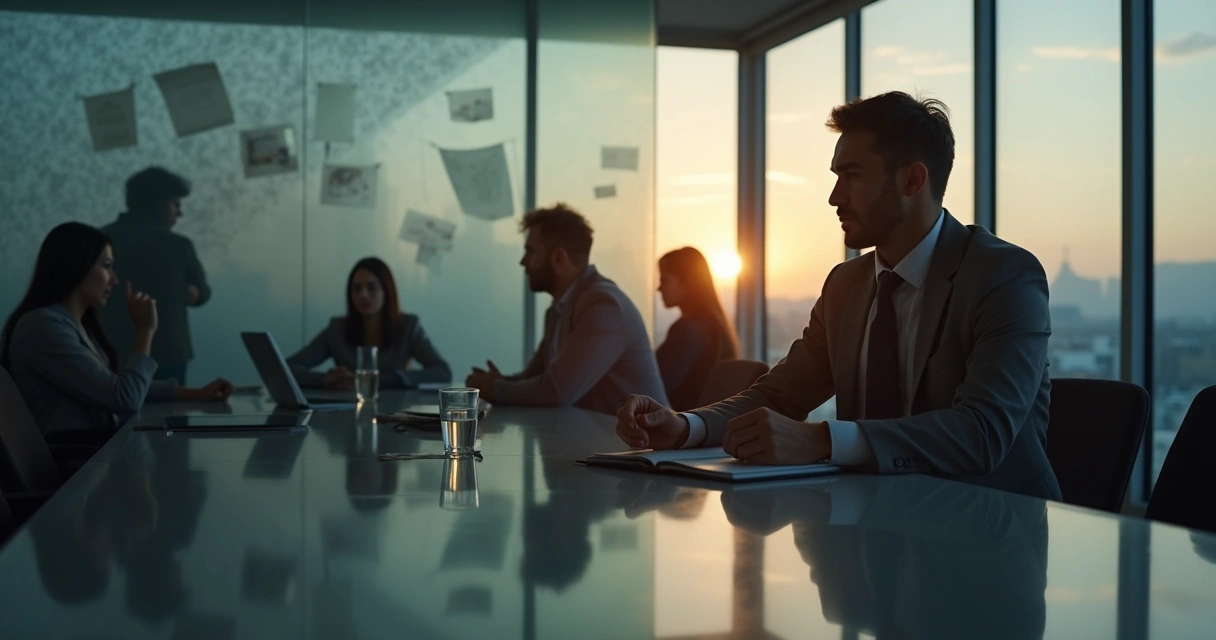 Líder em sala de reunião dividida entre sombra e luz para representar passado não resolvido 