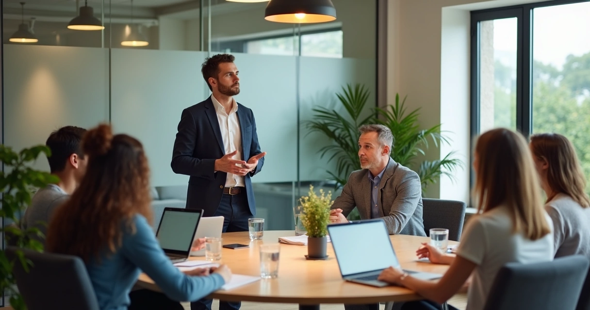 Liderança conduzindo pausa consciente com novos colaboradores