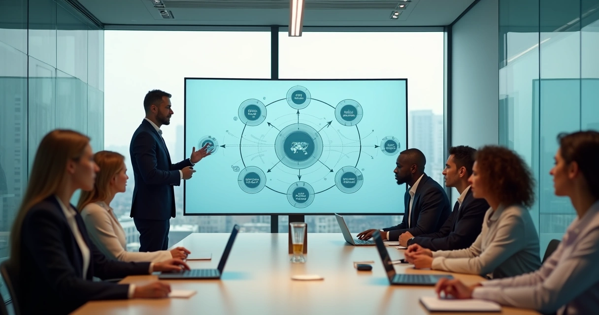 Líder em reunião estratégica diante de painel com conexões sistêmicas 
