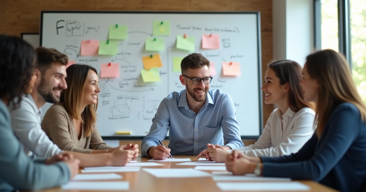 Líder sorridente em reunião interagindo com equipe descontraída, quadro branco com anotações 