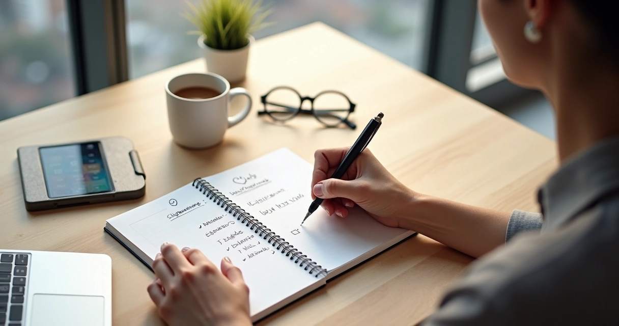 Pessoa escrevendo ações diárias de liderança pessoal em um caderno sobre a mesa 