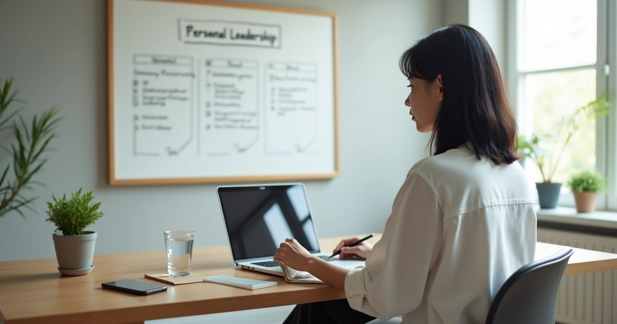 Pessoa refletindo diante de quadro com metas pessoais e profissionais 