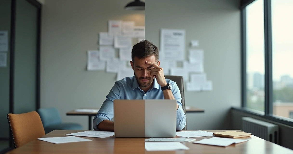 Pessoa em escritório dividida entre confiança e autossabotagem 