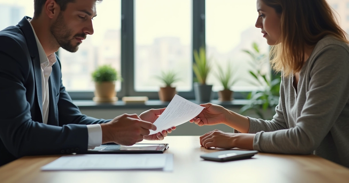Duas pessoas sentadas à mesa de reunião, uma compartilhando documentos com outra 