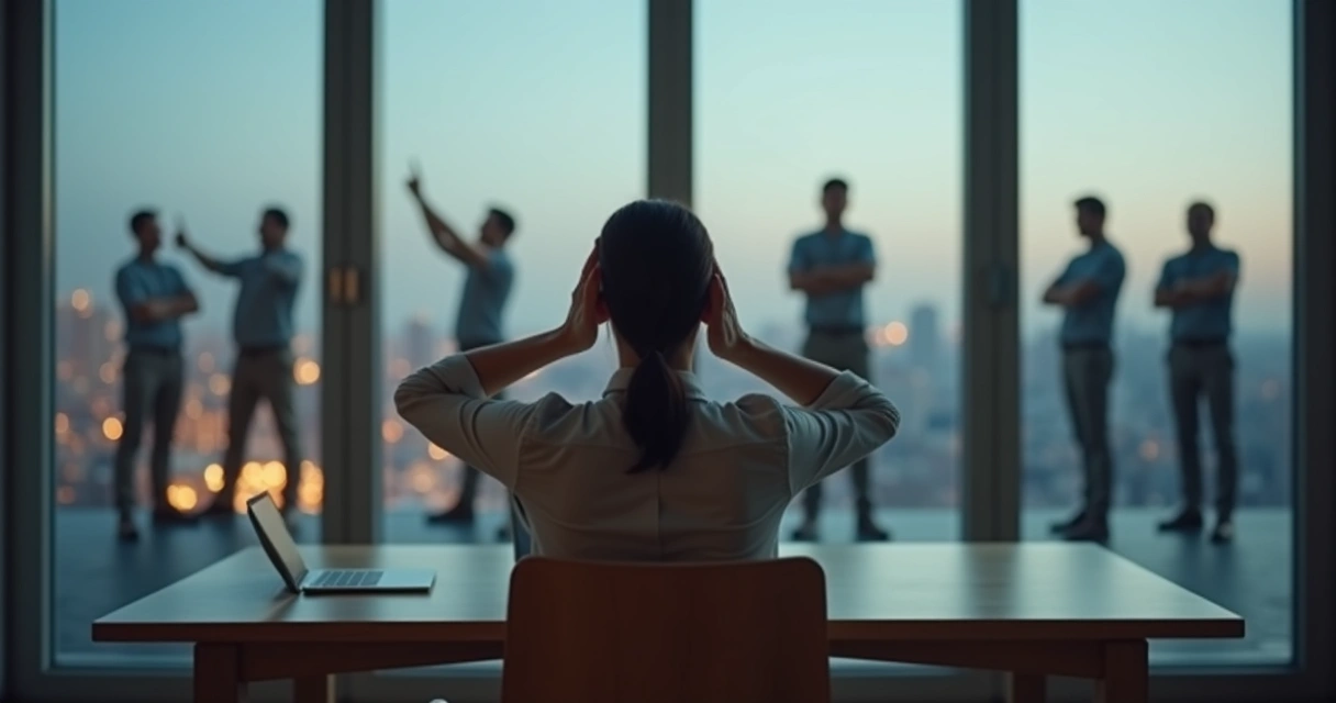 Pessoa refletindo diante de janelas com várias versões de si mesma ao fundo 