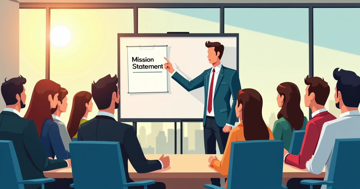 Líder apresentando missão organizacional para equipe em sala de reunião, com quadro branco ao fundo. 