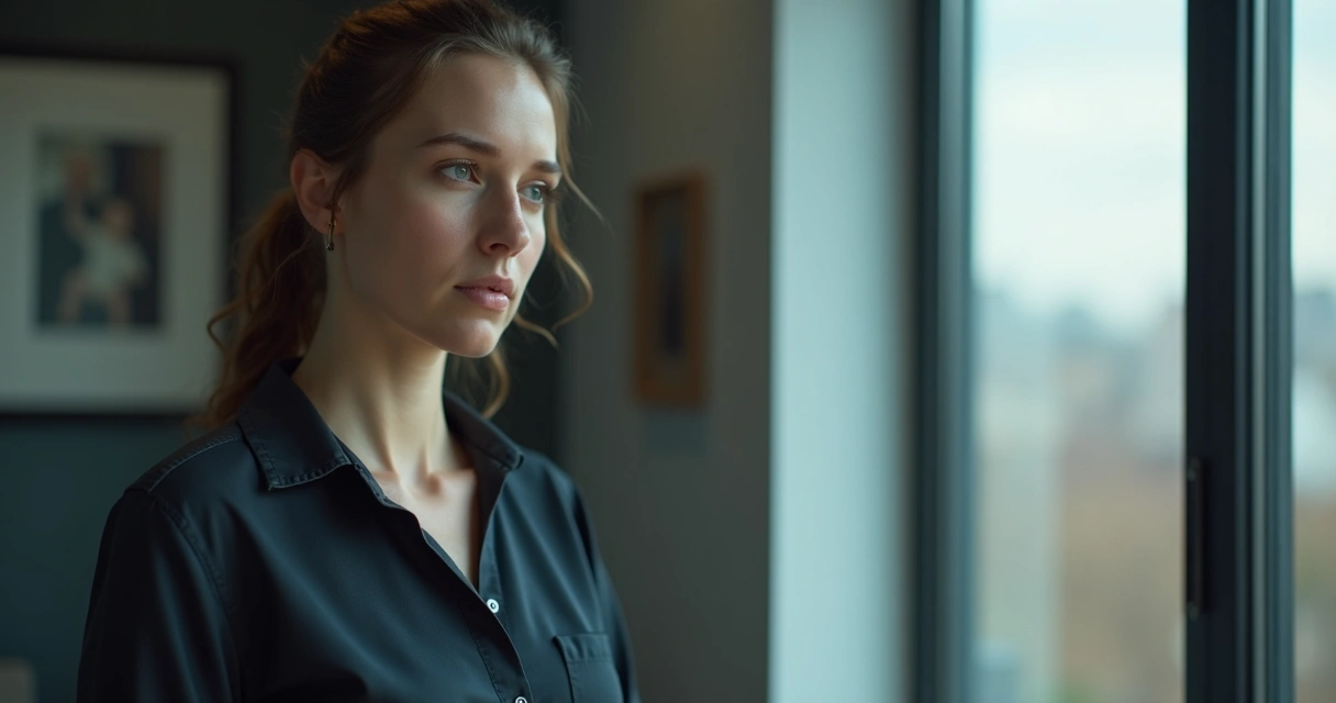 Pessoa adulta refletindo diante de janela, luz suave no rosto, expressão serena 