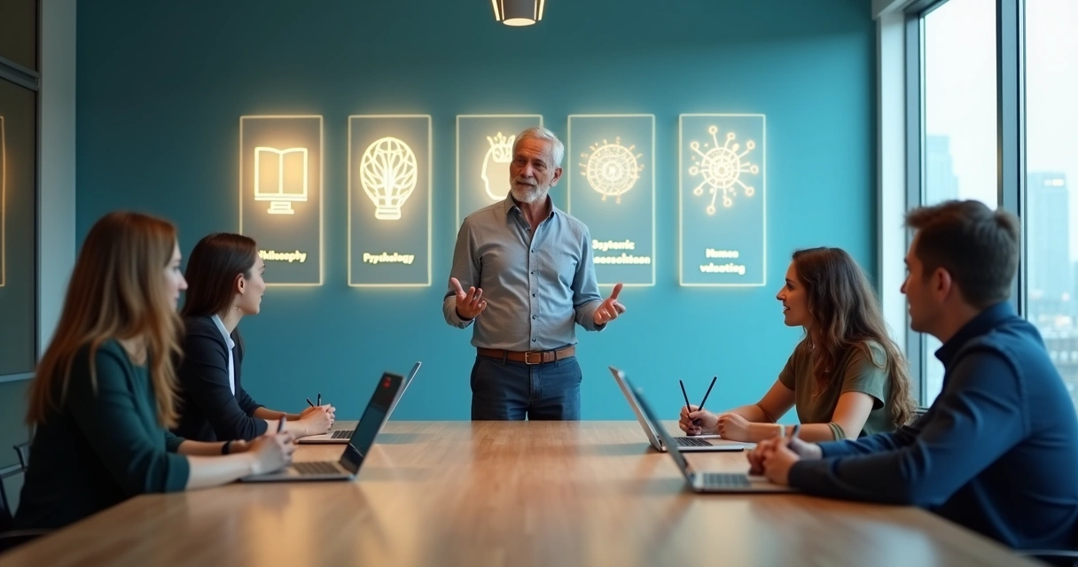 Líder em reunião com equipe e cinco pilares conceituais ao fundo 