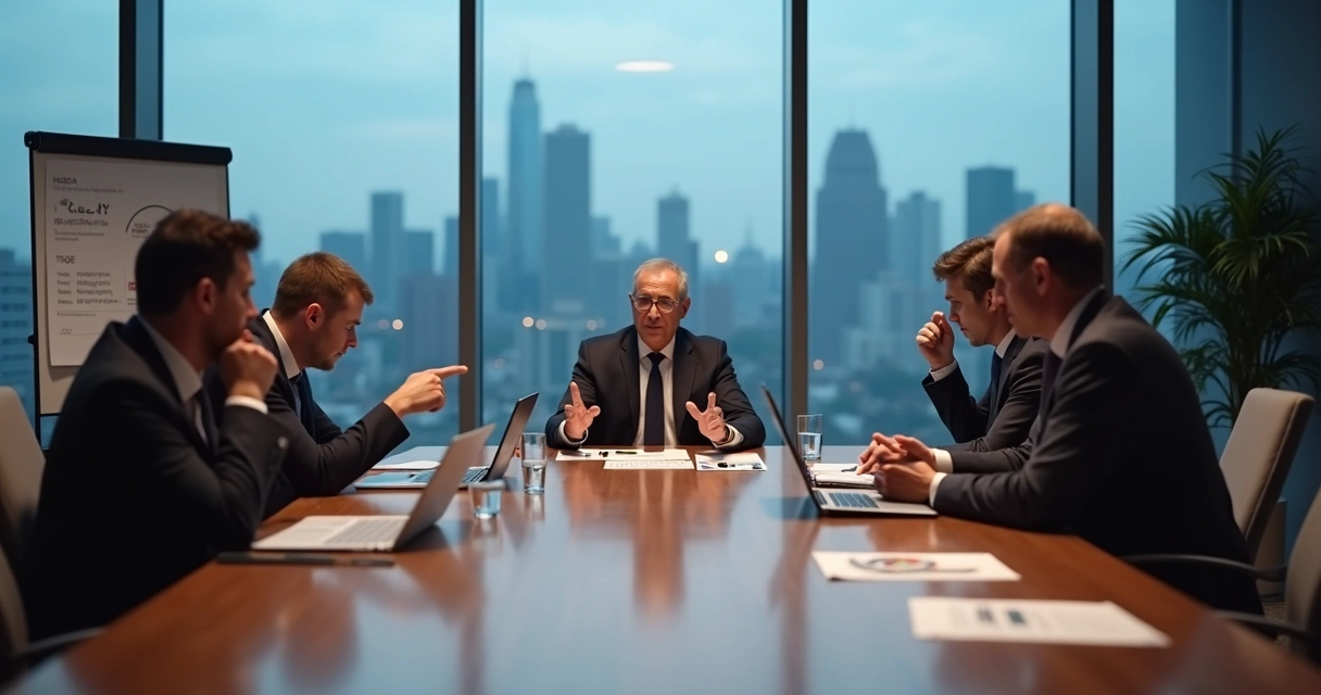 Reunião corporativa com contraste entre líder calmo e colegas em tensão 