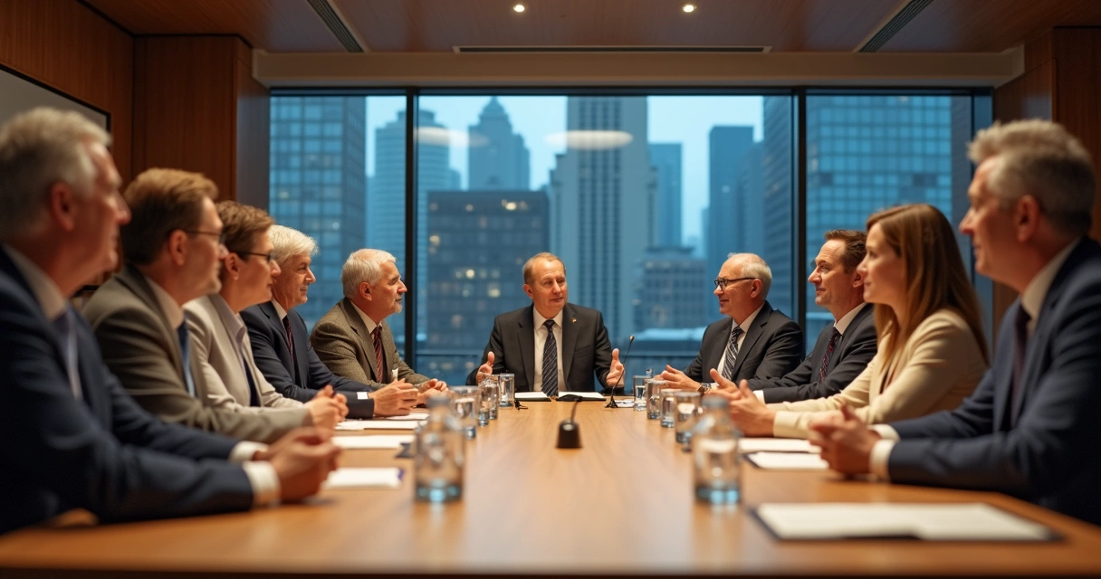 Pessoas de diferentes origens em reunião política dialogando com atenção 