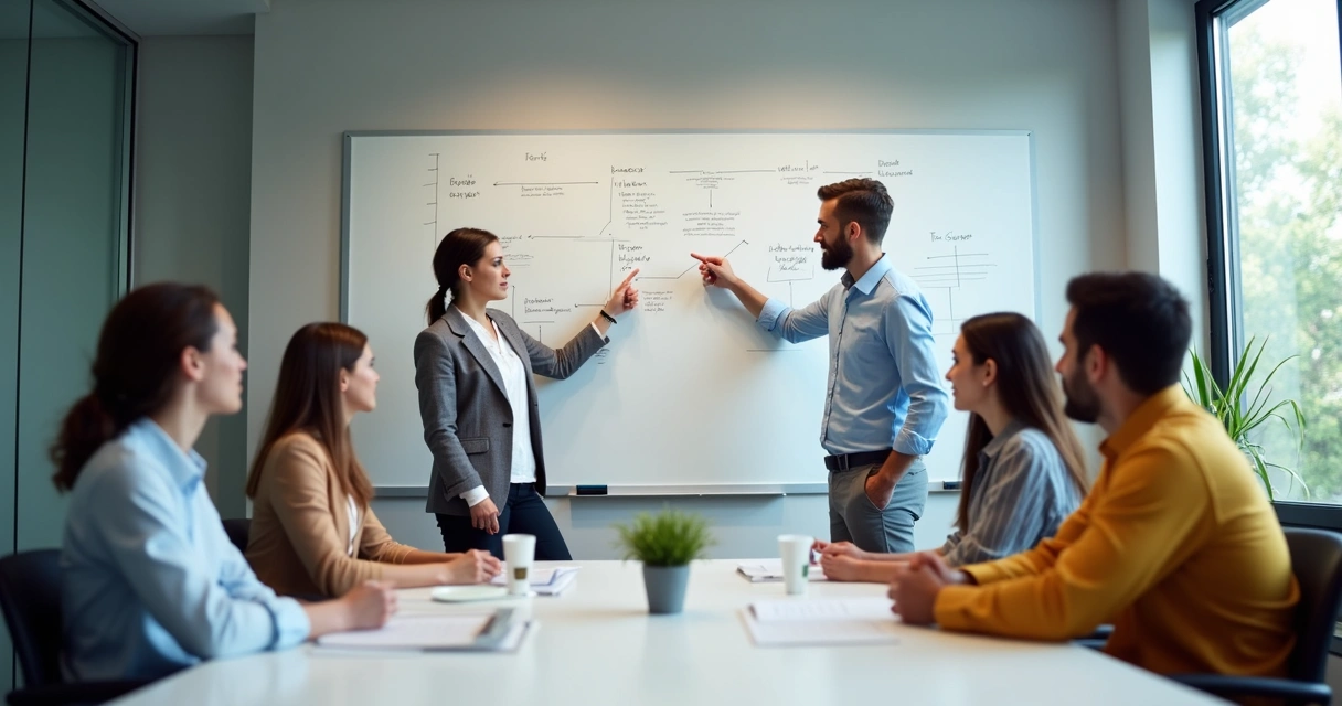 Líder em pé apontando para um quadro branco com equipes em reunião 
