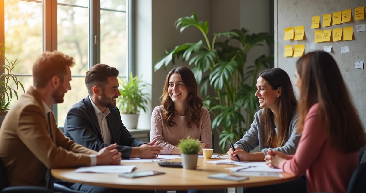 Equipe corporativa sorridente em ambiente de trabalho acolhedor 