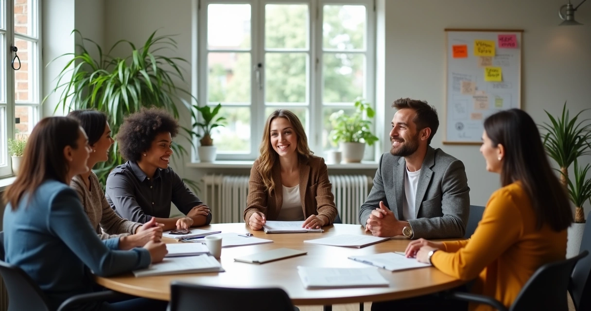 Equipe de trabalho sorridente, líder gesticulando positivamente, ambiente acolhedor, mesa redonda 