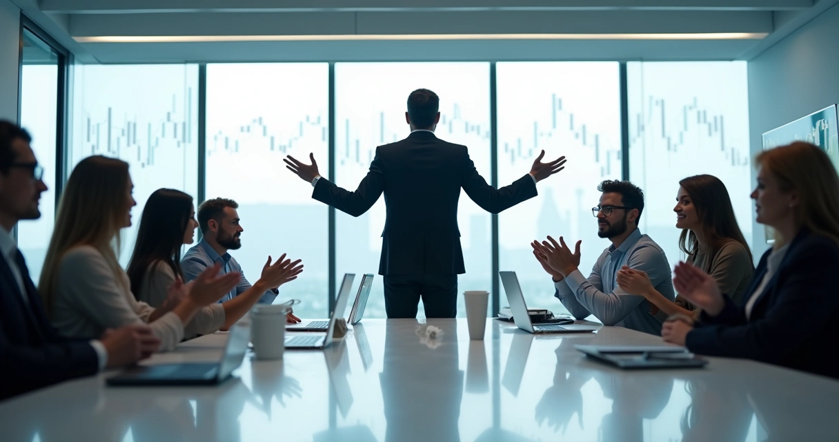 Gestor sorrindo e equipe motivada ao redor 