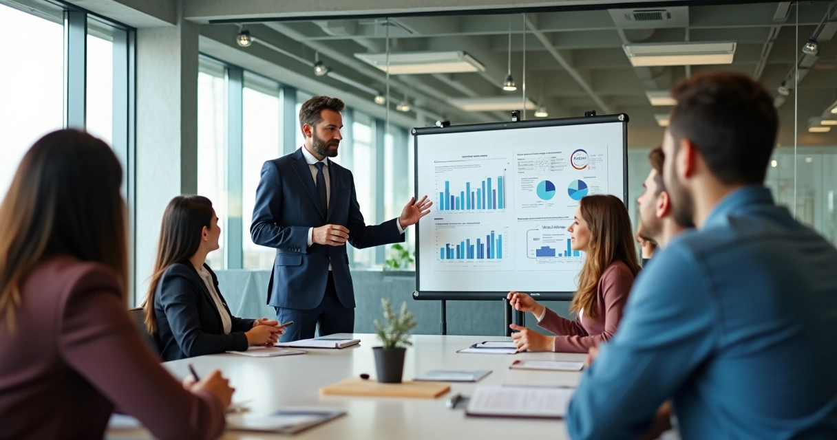 Líder guiando equipe em sala de reunião, membros atentos, quadro com gráficos ao fundo