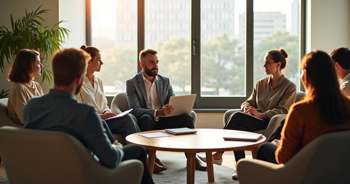 Líder em reunião com equipe em círculo praticando escuta atenta 