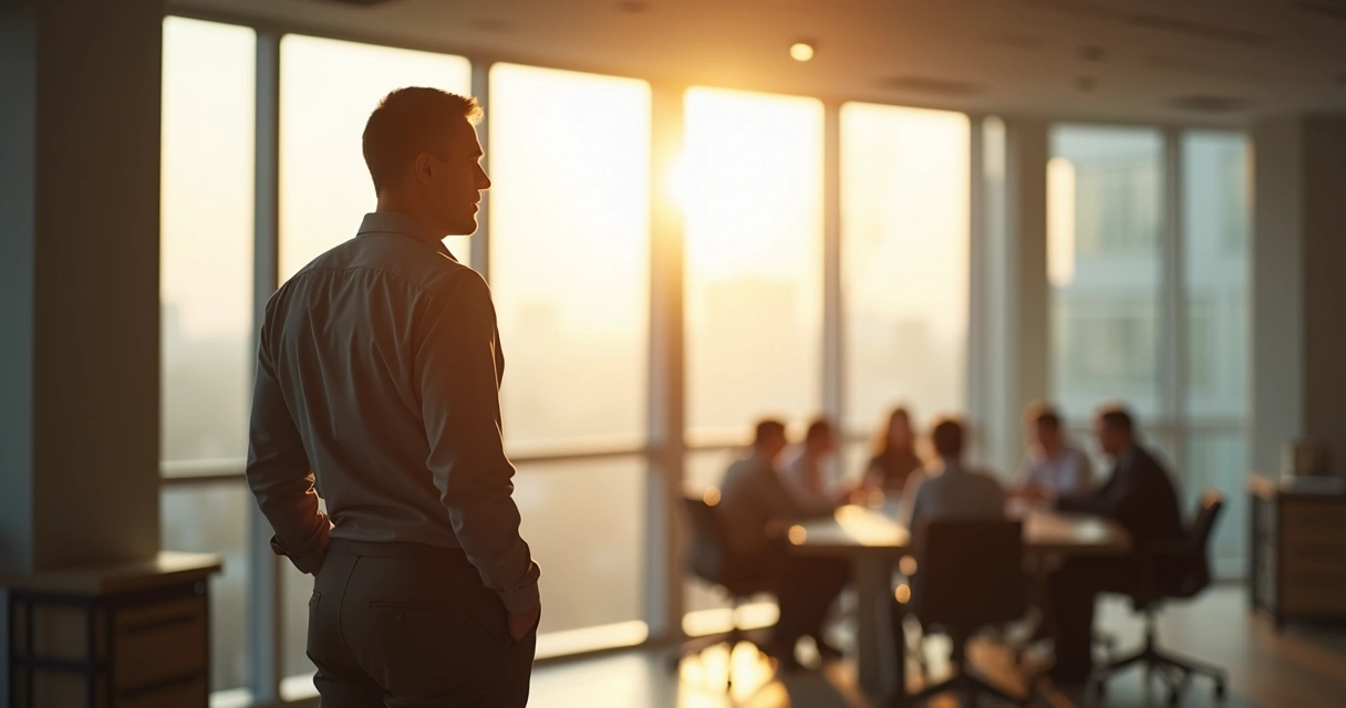 Líder em momento de reflexão olhando pela janela 