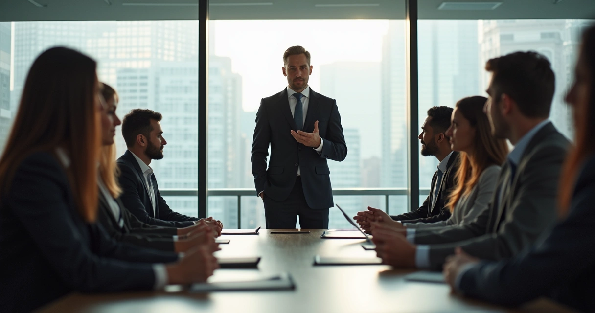 Grupo em reunião, líder de pé transmitindo calma, todos atentos. 