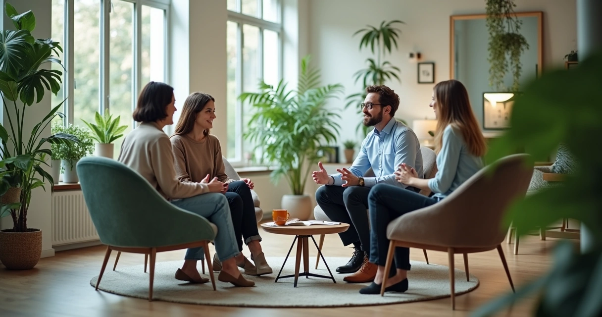 Liderança conversando com equipe em ambiente de trabalho calmo