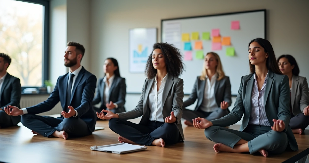 Gestores praticando meditação juntos em uma sala de reuniões iluminada 
