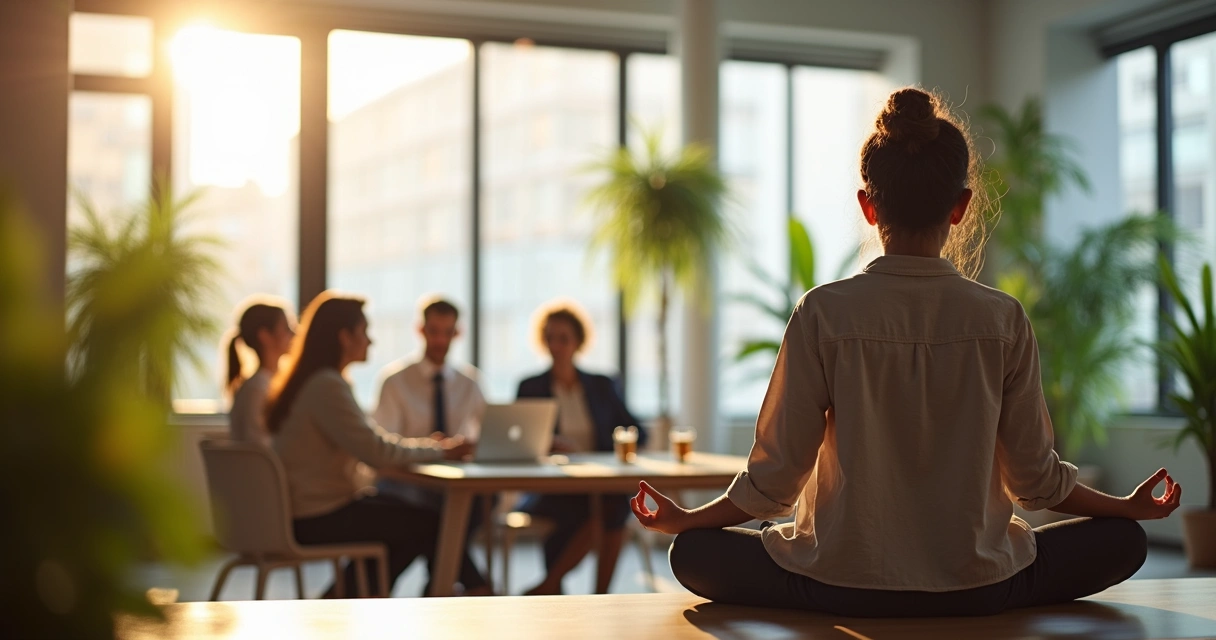 Pessoa em posição de meditação em escritório com equipe ao fundo 
