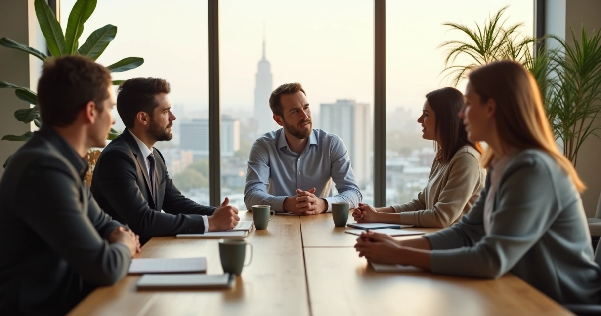 Líder em reunião escutando com atenção equipe diversa em sala iluminada 