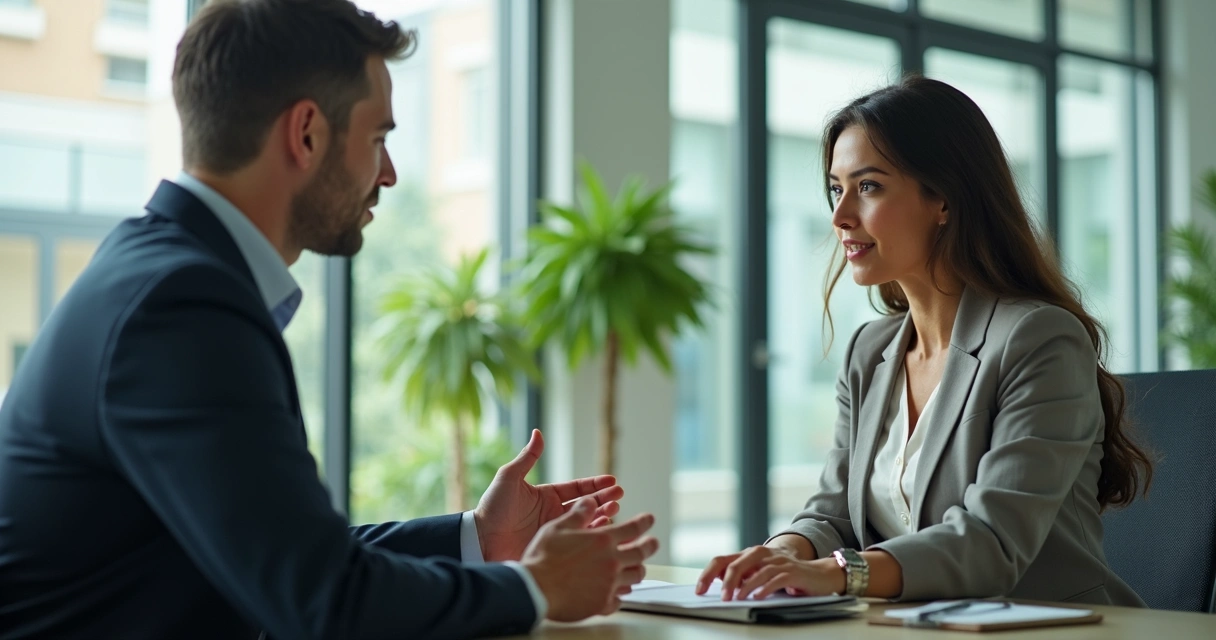 Líder ouvindo atentamente um colaborador em ambiente moderno de escritório 
