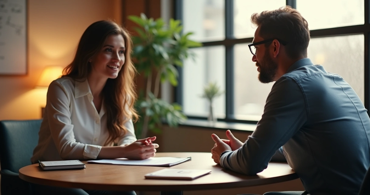Líder escutando com atenção um membro da equipe em diálogo próximo 