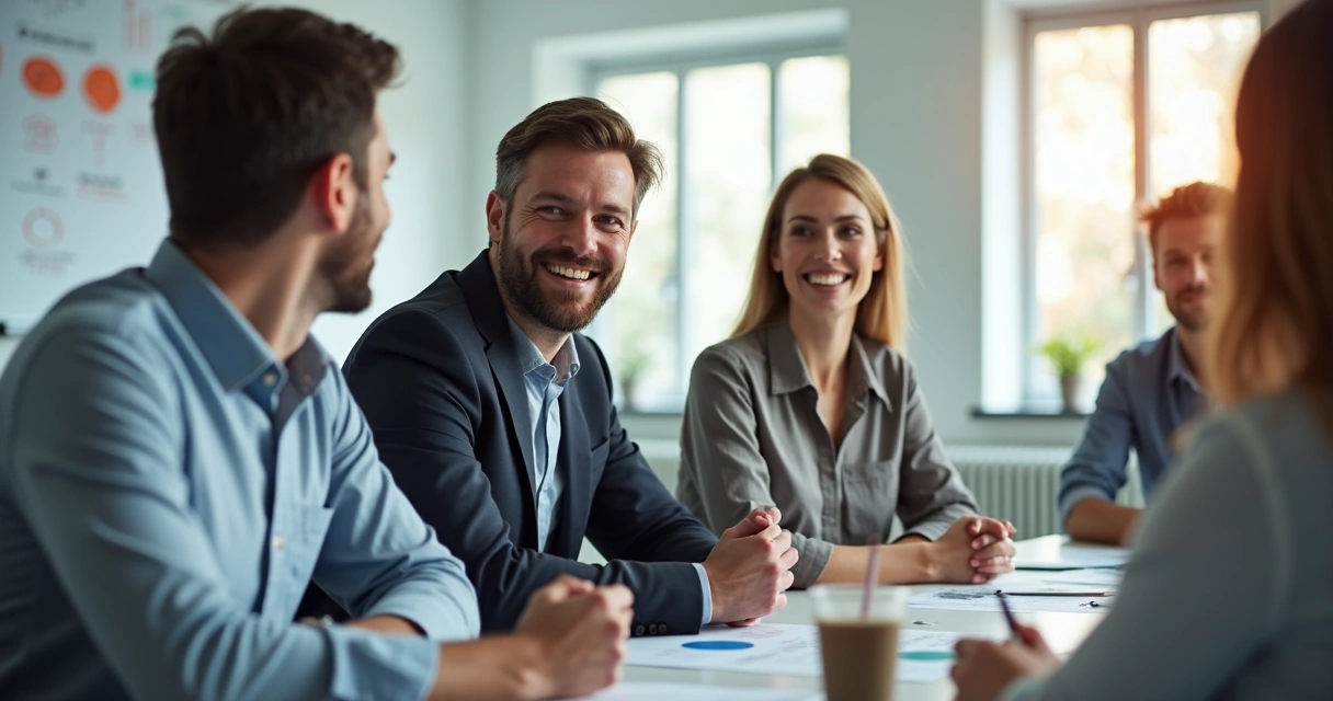 Líder conversando de perto e sorrindo com membros da equipe em uma sala de reuniões 