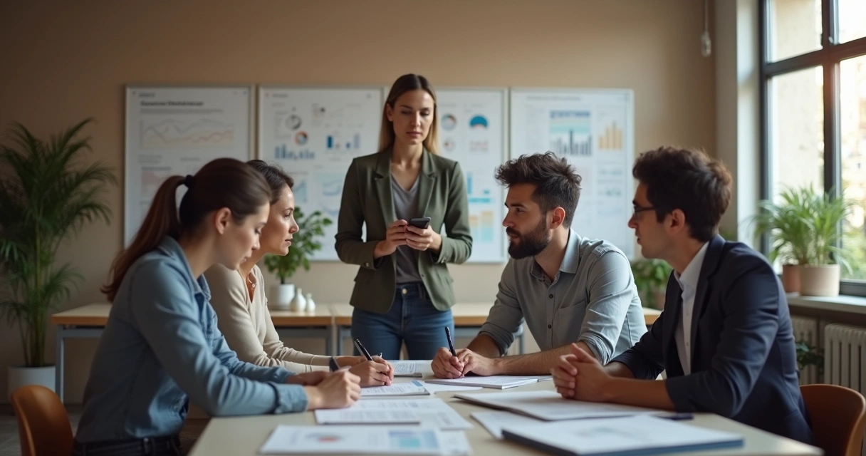 Liderança conversando com equipe em ambiente de trabalho calmo