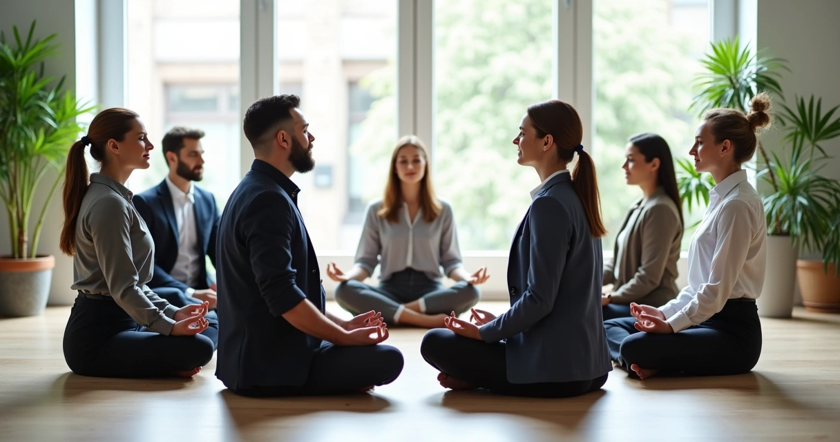 Grupo de profissionais sentados em círculo praticando mindfulness em ambiente corporativo 