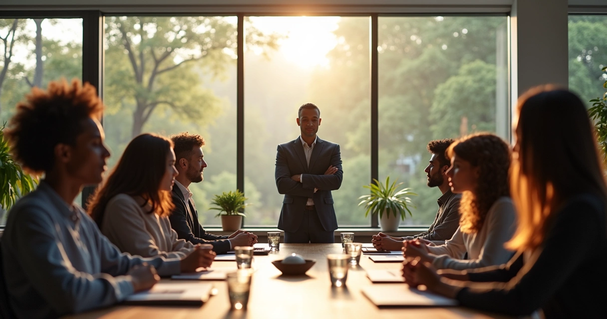Líder de negócios em pé diante da equipe, todos em silêncio, sala de reunião moderna 