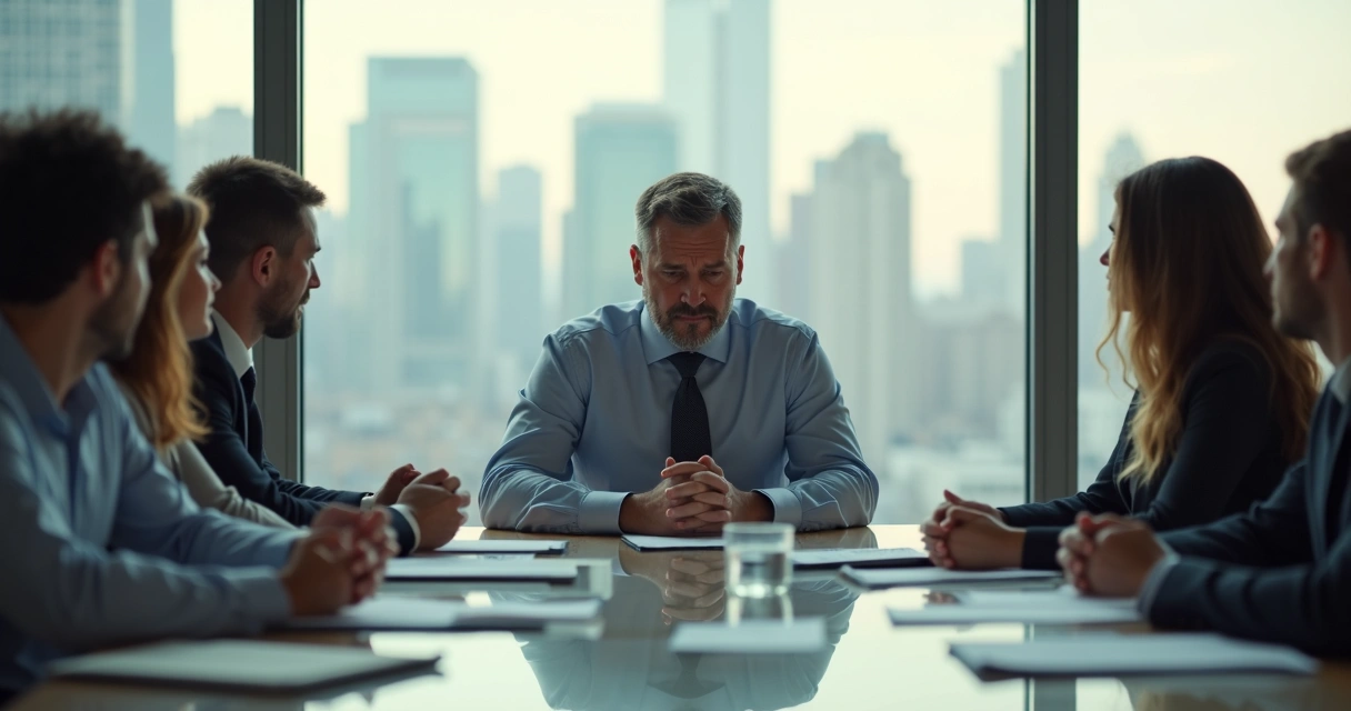 Líder pressionado, com expressão tensa, sentado à mesa de reuniões rodeado por papeis desorganizados e colegas atentos 