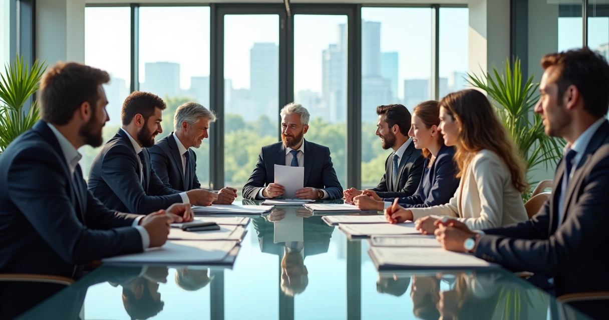 Liderança reunida discutindo estratégias de prevenção em sala de reunião moderna 