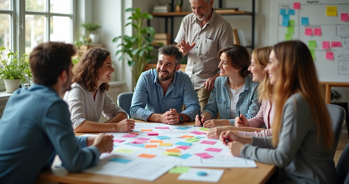 Equipe de trabalho colaborando com post-its e quadros, liderada por gestor tranquilo