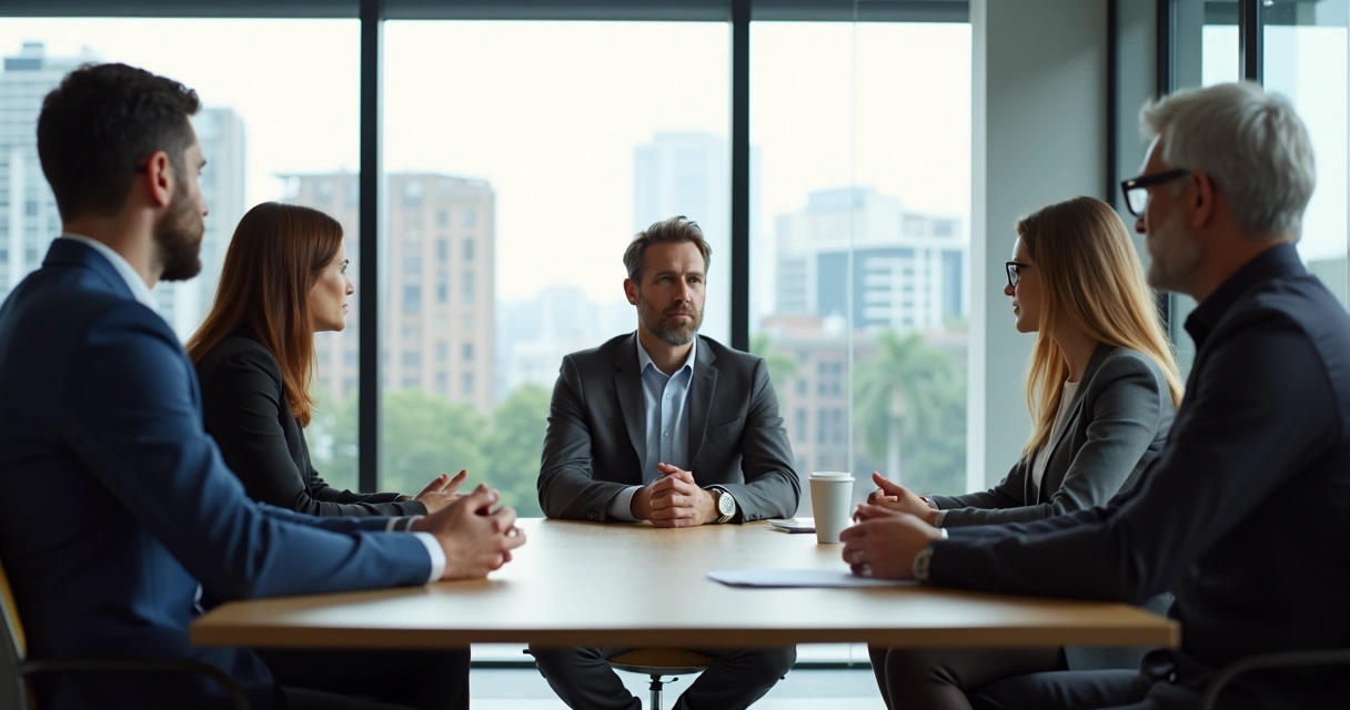 Reunião de equipe em escritório corporativo, pessoas focadas e conversando 