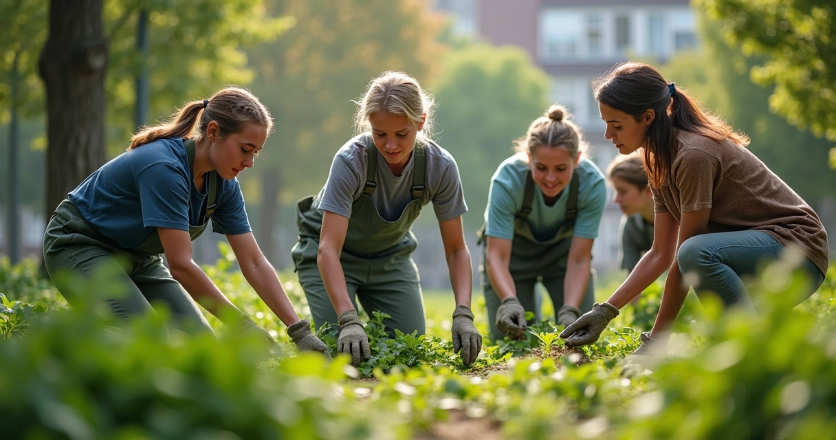 Líder conversa com equipe em projeto social, pessoas de diferentes idades limpando área verde 