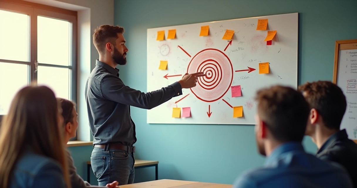 Líder guiando equipe em direção a objetivo em mural